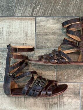 Bed Stu Teak Rustic Leather Seneca Gladiator Strappy Flat Sandals Brown